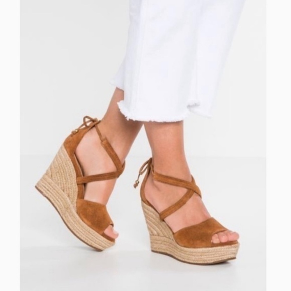 UGG Regan Espadrille Wedge Platform Suede Leather Jute Brown Tan size 9.5